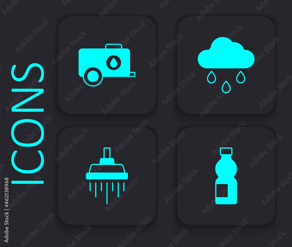 Set Bottle of water, Mobile tank, Cloud with rain and Shower icon. Black square button. Vector Set Bottle of water, Mobile tank, Cloud with rain and Shower icon. Black square button. Vector