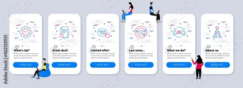 Line icons set. UI phone app screens with teamwork. Included icon as Quick tips, Engineering team, Targeting signs. Search file, Time management, Christmas tree line icons. Vector