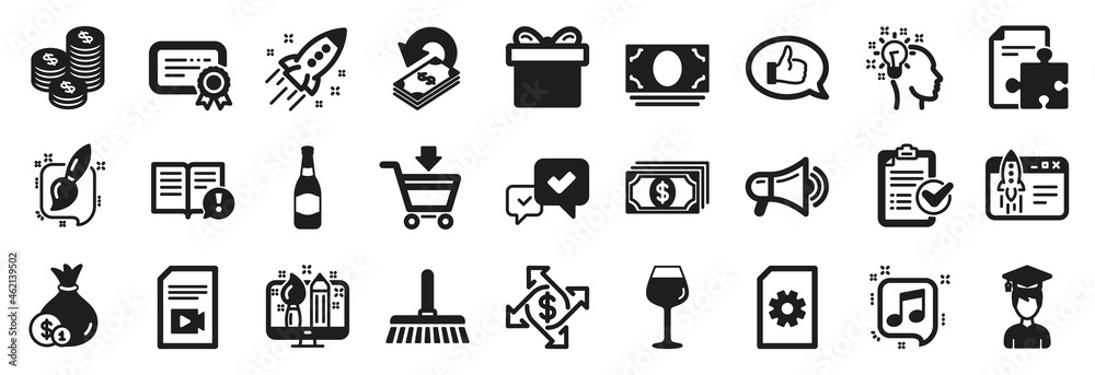 Set of simple icons, such as Approve, Beer bottle, Payment exchange icons. Megaphone, Cashback, Idea signs. Facts, Gift box, Survey checklist. Certificate, Student, Strategy. Payment, Cash. Vector