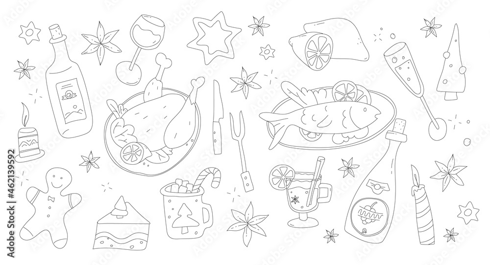 Christmas Menu Set in doodle style. Xmas eve food and drinks. Merry Christmas dinner. X-mas party tasty cooking. Christmas Menu Set in doodle style. Xmas eve food and drinks. Merry Christmas dinner. X-mas party tasty cooking.