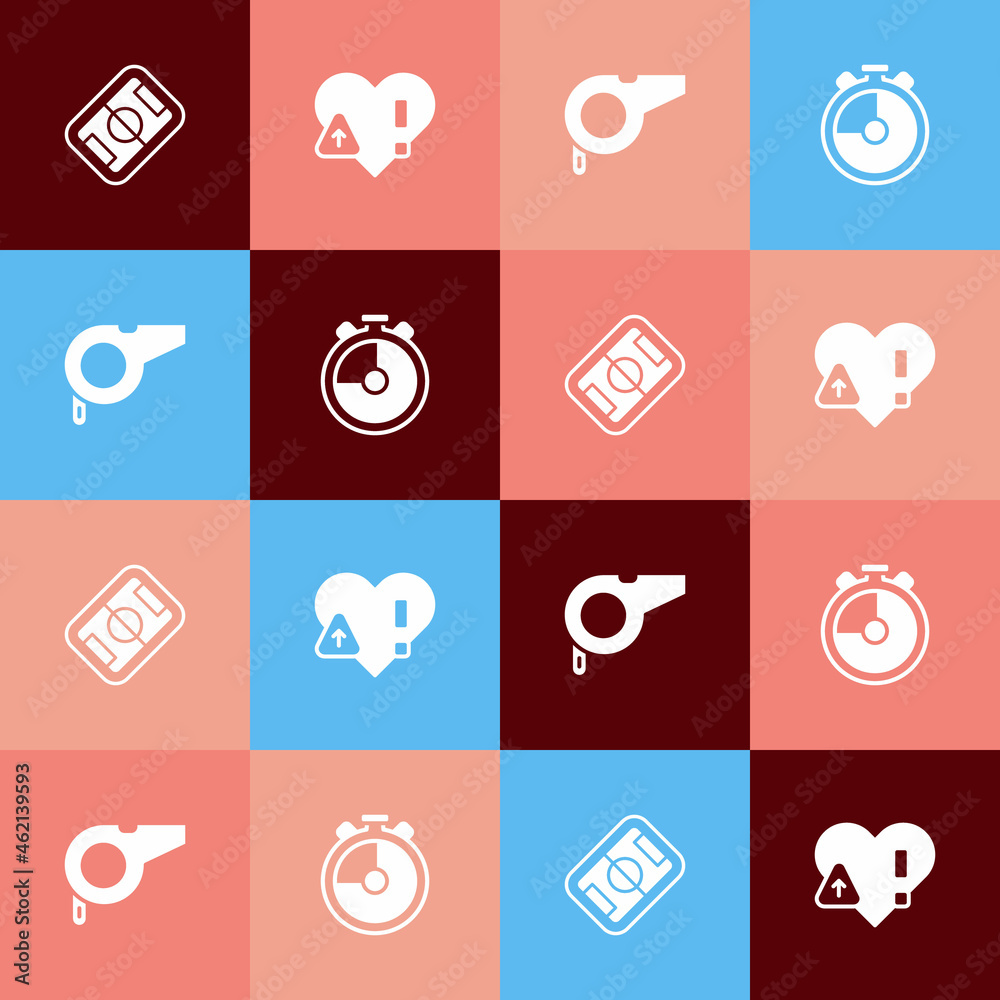 Set pop art Football field, Heart rate, Whistle and Stopwatch icon. Vector Set pop art Football field, Heart rate, Whistle and Stopwatch icon. Vector