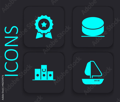 Set Yacht sailboat, Medal with star, Hockey puck and Award over sports winner podium icon. Black square button. Vector