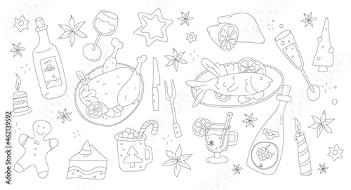 Christmas Menu Set in doodle style. Xmas eve food and drinks. Merry Christmas dinner. X-mas party tasty cooking. 