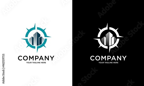 Compass City Apartment Buildings Vector Real Estate Business city building and compass logo