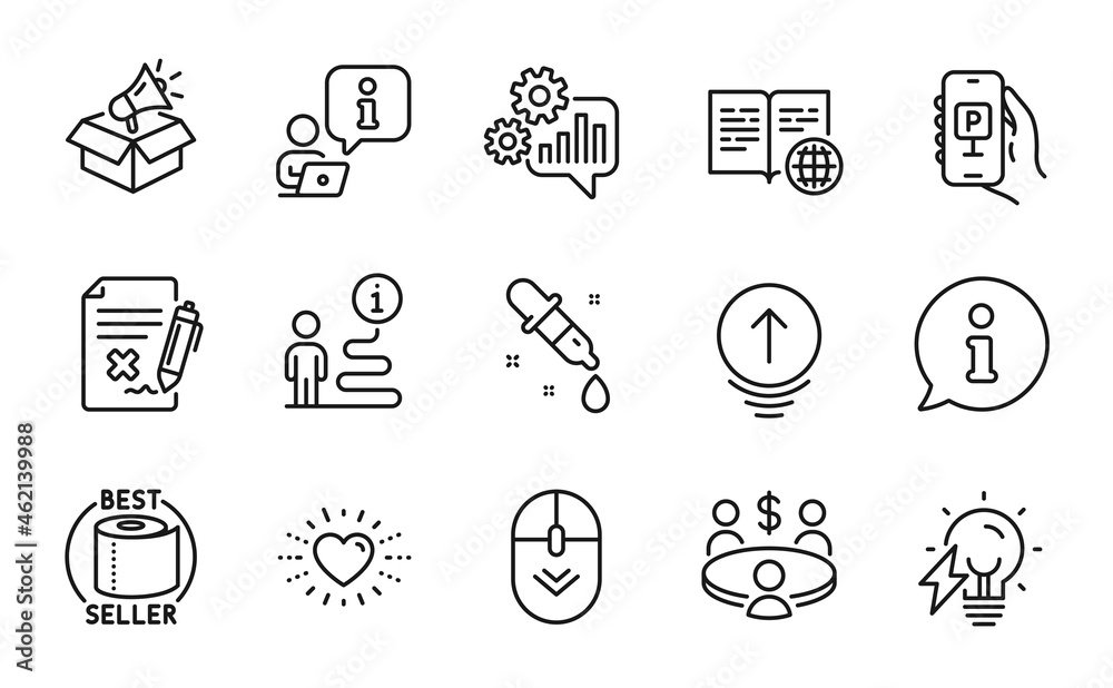 Business icons set. Included icon as Electricity bulb, Reject file, Swipe up signs. Meeting, Scroll down, Internet book symbols. Chemistry pipette, Heart, Parking app. Megaphone box. Vector