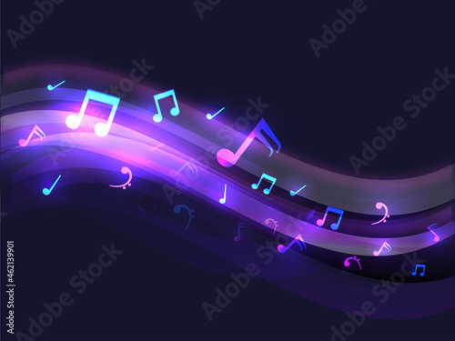 Abstract Shiny Wave Background Decorated With Music Notes.