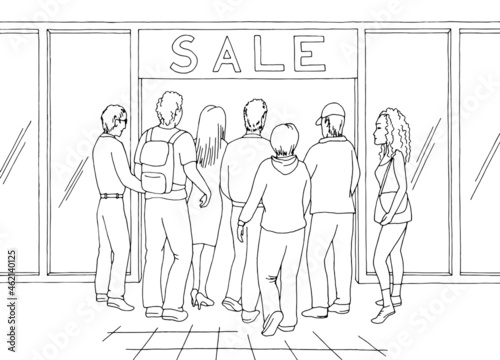 Crowd of people go to the store mall graphic black white interior sketch illustration vector