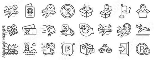 Set of Transportation icons, such as Truck delivery, Exit, Push cart icons. No parking, Arrivals plane, Delivery discount signs. Passport, Parcel shipping, Lighthouse. Boarding pass, Flag. Vector