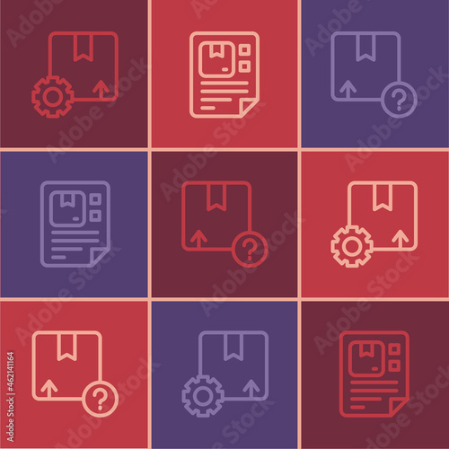 Set line Gear with package box, Carton cardboard and Waybill icon. Vector
