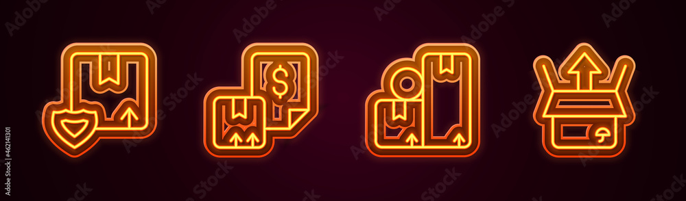 Set line Delivery security with shield, Waybill, Carton cardboard box and Unboxing. Glowing neon icon. Vector Set line Delivery security with shield, Waybill, Carton cardboard box and Unboxing. Glowing neon icon. Vector