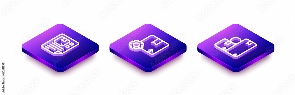 Set Isometric line Waybill, Gear with package box and Carton cardboard icon. Vector Set Isometric line Waybill, Gear with package box and Carton cardboard icon. Vector