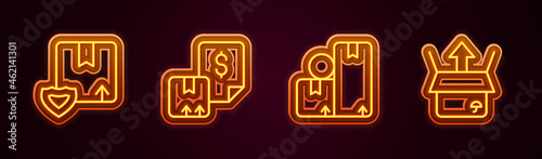 Set line Delivery security with shield, Waybill, Carton cardboard box and Unboxing. Glowing neon icon. Vector
