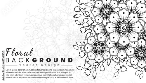 Background with mehndi flowers. Black lines on white background. Banner or card template