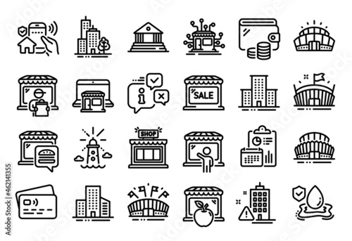 Vector set of Flood insurance, Marketplace and Lighthouse line icons set. Calendar report, Money wallet and Credit card tag. University campus, Arena stadium and Delivery market icons. Vector