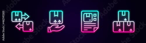 Set line Cardboard box with traffic symbol, Delivery hand, Waybill and Carton cardboard. Glowing neon icon. Vector