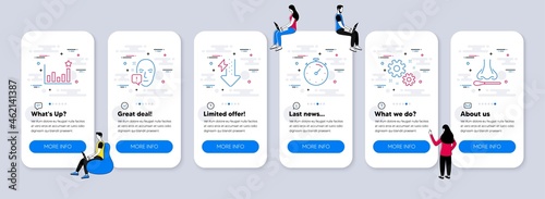 Science icons set. UI phone app screens with teamwork. Included icon as Energy drops, Timer, Face attention signs. Efficacy, Work, Nasal test line icons. Vector