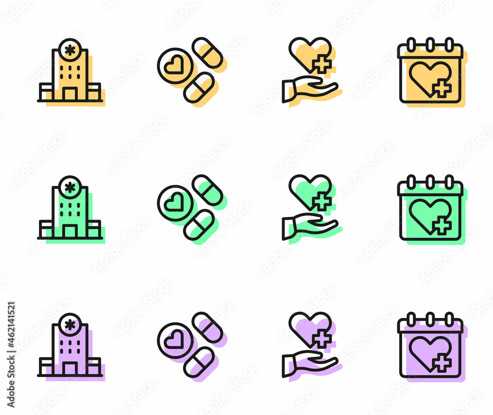 Set line Heart with cross, Hospital building, Medicine pill or tablet and Doctor appointment icon. Vector