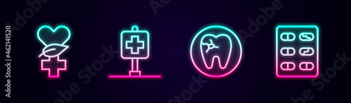 Set line Ethnoscience, Location hospital, Tooth with caries and Pills in blister pack. Glowing neon icon. Vector