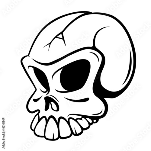 The drawing of a human skull is cracked with black streaks.