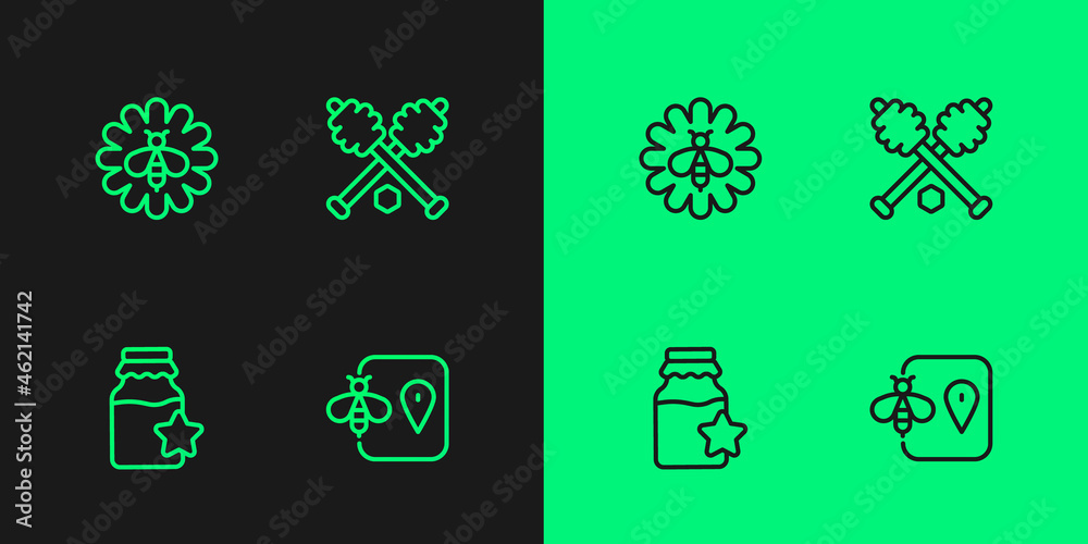 Set line Bee location, Jar of honey, flower and Honey dipper stick icon. Vector Set line Bee location, Jar of honey, flower and Honey dipper stick icon. Vector