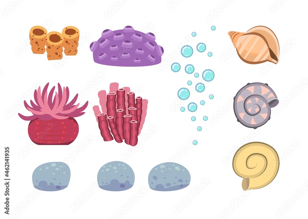 Set of marine objects: corals, plants, shells, algae and bubbles. Underwater. Aquarium or sea. Summer water. Isolated on white background. Illustration in cartoon style. Flat design. Vector art