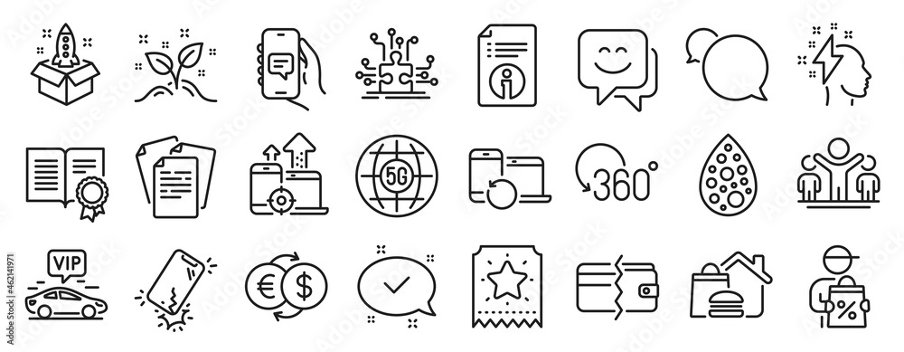 Set of Business icons, such as Diploma, Food delivery, Recovery devices icons. Loyalty ticket, Startup, Smartphone broken signs. Chat app, Smile face, Full rotation. 5g internet, Messenger. Vector