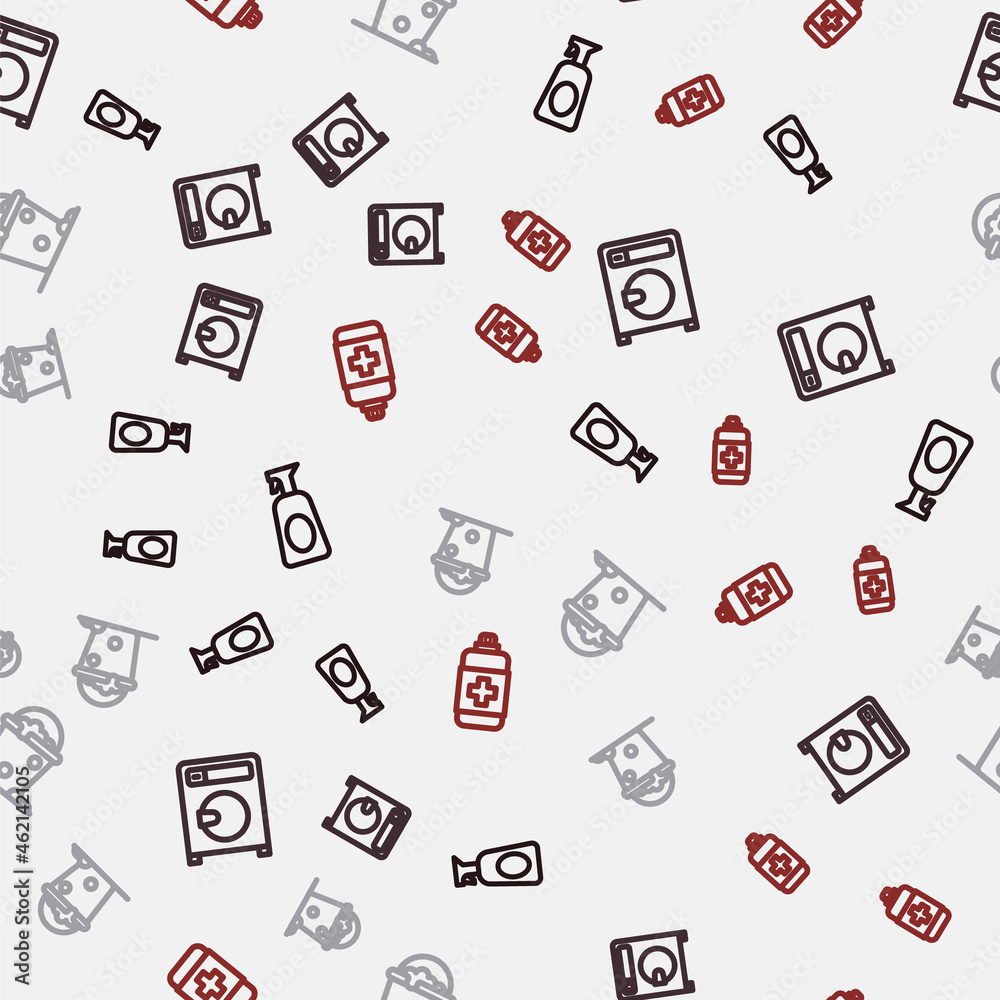 Set line Cleaning spray with detergent, Washer, Bucket foam and bubbles and Antibacterial soap on seamless pattern. Vector Set line Cleaning spray with detergent, Washer, Bucket foam and bubbles and Antibacterial soap on seamless pattern. Vector