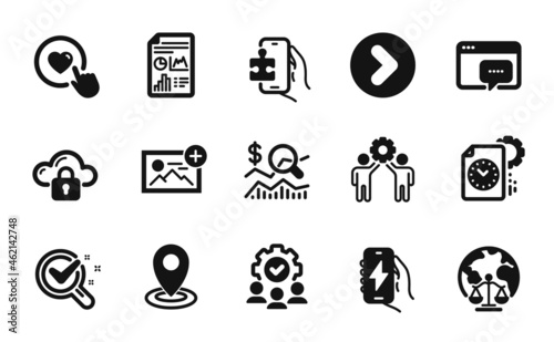 Vector set of Employees teamwork, Magistrates court and Check investment icons simple set. Report document, Chemistry lab and Project deadline icons. Teamwork, Location and Forward signs. Vector