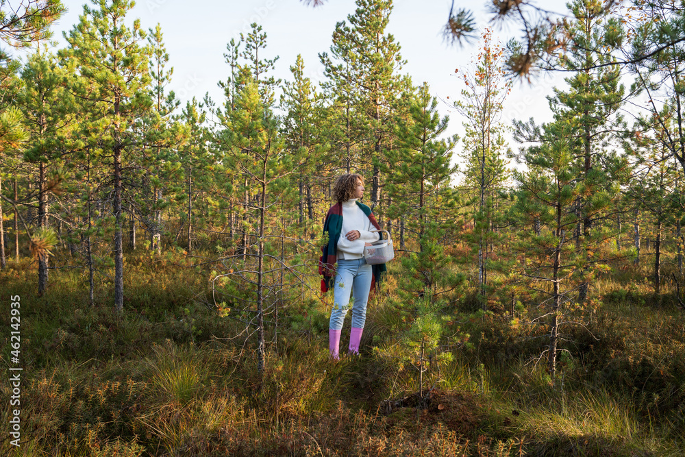 Young casual woman in rubber boots holding basket enjoy warm sunny weather walk picking cranberries in autumn forest. Female spend weekend or vacation in countryside. Leisure activity for fall season