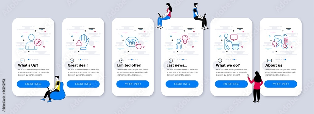 People icons set. UI phone app screens with teamwork. Included icon as Dont touch, Buyer think, Group people signs. Edit user, Quick tips, Sick man line icons. Vector