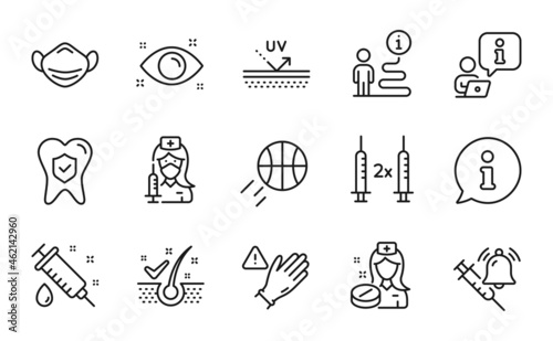 Healthcare icons set. Included icon as Anti-dandruff flakes, Health eye, Medical mask signs. Basketball, Coronavirus vaccine, Use gloves symbols. Nurse, Vaccine announcement, Vaccination. Vector