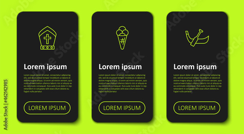 Set line Pope hat, Ice cream in waffle and Gondola boat. Business infographic template. Vector