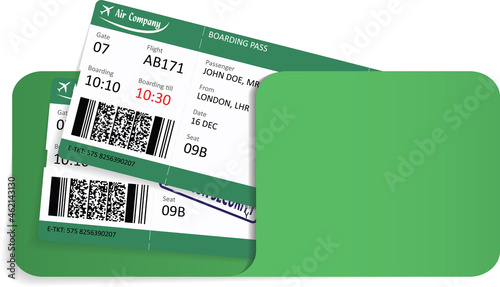 Illustration of airline ticket or boarding pass inside of paper envelope