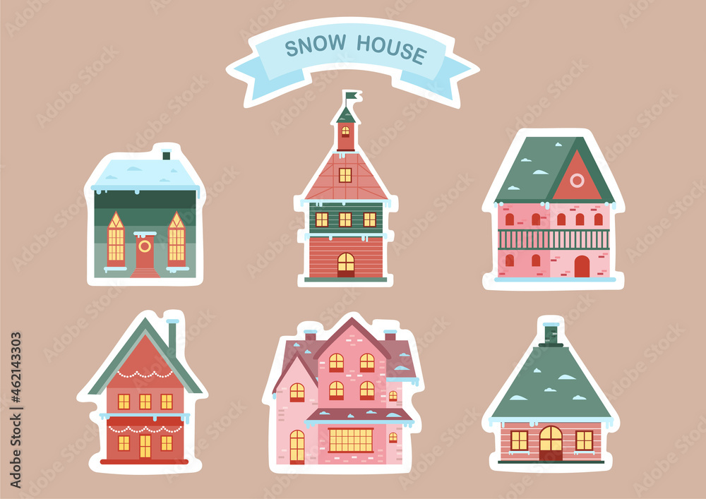 Winter houses collection.Set of decorated buildings for new year and christmas ,snow house,Holiday sticker sheet, Vector illustrations.