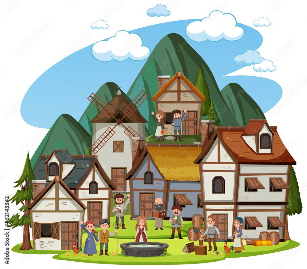 Medieval village with villagers on white background Medieval village with villagers on white background