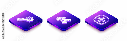 Set Isometric line Mace with spikes, Medieval catapult and Crusade icon. Vector