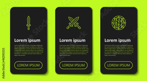 Set line Medieval sword, Crossed medieval and Round wooden shield. Business infographic template. Vector