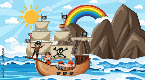 Beach with Pirate ship at daytime scene in cartoon style