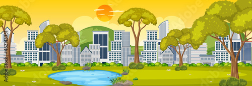 Park horizontal scene with cityscape background at sunrise time