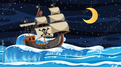 Ocean scene at night with Pirate ship in cartoon style