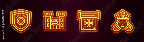 Set line Shield, Castle, Crusade and Princess or queen. Glowing neon icon. Vector