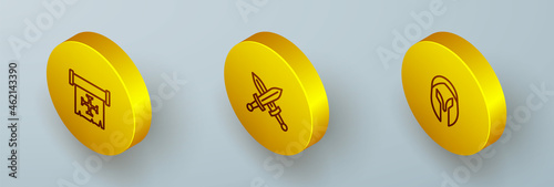 Set Isometric line Crusade, Crossed medieval sword and Medieval helmet icon. Vector