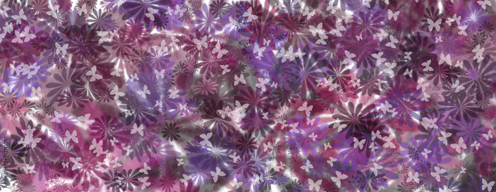 Purple flowers of different sizes are stacked on top of each other. Small butterflies are sitting on the flowers. Abstract floral background. 3d rendering. 3d illustration. Purple flowers of different sizes are stacked on top of each other. Small butterflies are sitting on the flowers. Abstract floral background. 3d rendering. 3d illustration.