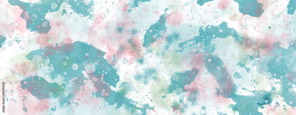 Delicate light abstract background with turquoise and pink watercolor spots, streaks and splashes. Fluffy specks enliven the background. Imitation of watercolor painting. 3d rendering. 3d illustration