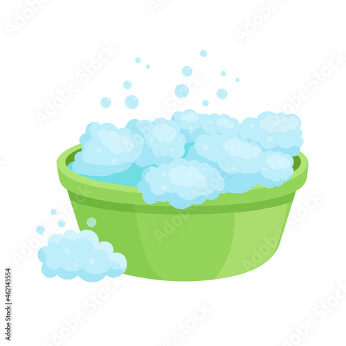 Soaking laundry, wash basin with foam, hand washing. Delicate fabric wash, stain removal, garment care, Vector illustration isolated on white background