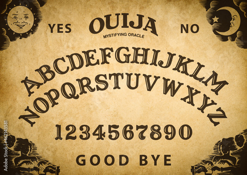 Spooky planchette of Ouija Board on vintage texture. Poster with game of ghosts. Halloween play with calling souls and demons. Party poster. Graphic, typography, alphabet, letters, numbers. photo