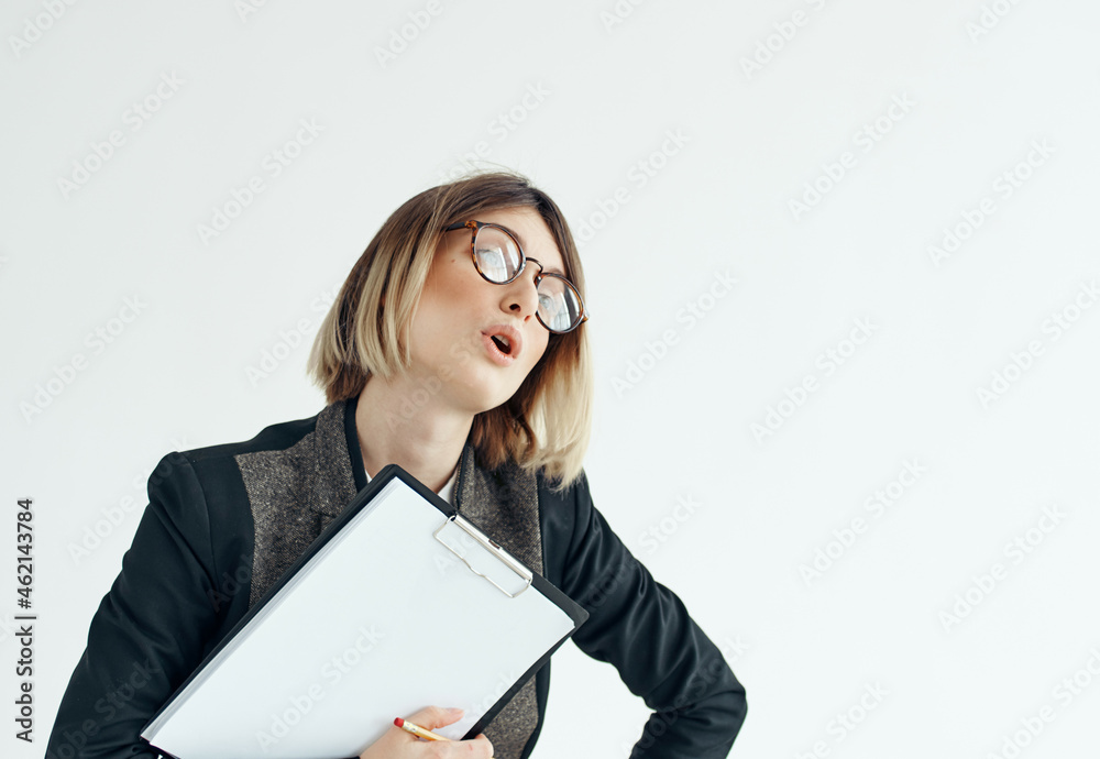 Business woman wearing glasses documents work advertisement Business woman wearing glasses documents work advertisement