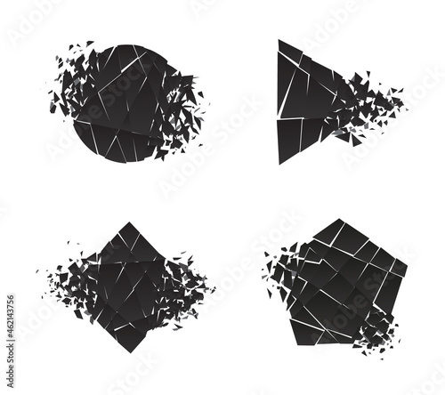Shape explosion broken shattered flat style design vector illustration set isolated on white background. Square rhombus, circle, triangle, pentagon shapes in grayscale color exploding demolition.