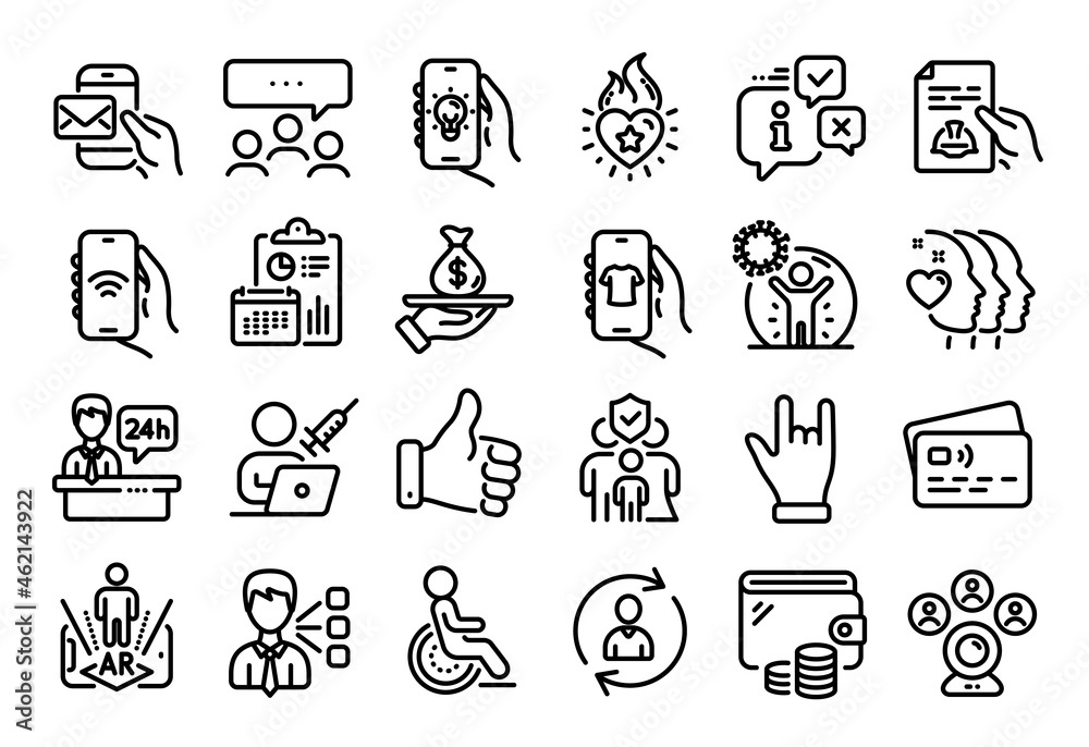 Vector set of Augmented reality, Vaccination appointment and Video conference line icons set. Calendar report, Money wallet and Credit card tag. Like hand, Meeting and Family insurance icons. Vector