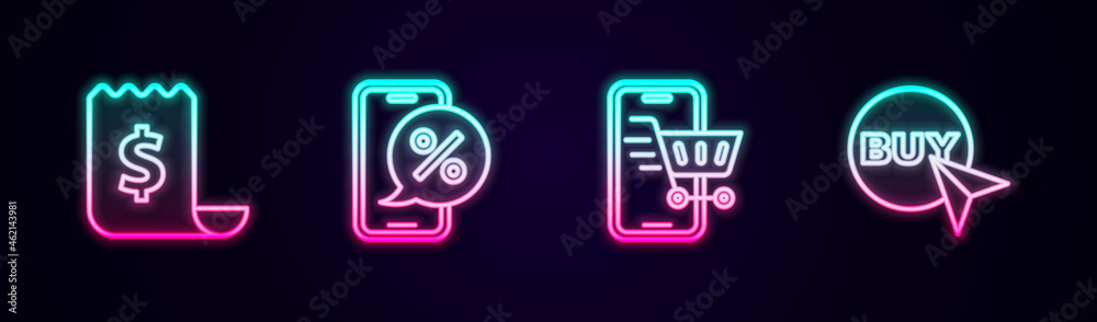 Set line Paper check and financial check, Percent discount on phone, Mobile with shopping cart and Buy button. Glowing neon icon. Vector Set line Paper check and financial check, Percent discount on phone, Mobile with shopping cart and Buy button. Glowing neon icon. Vector